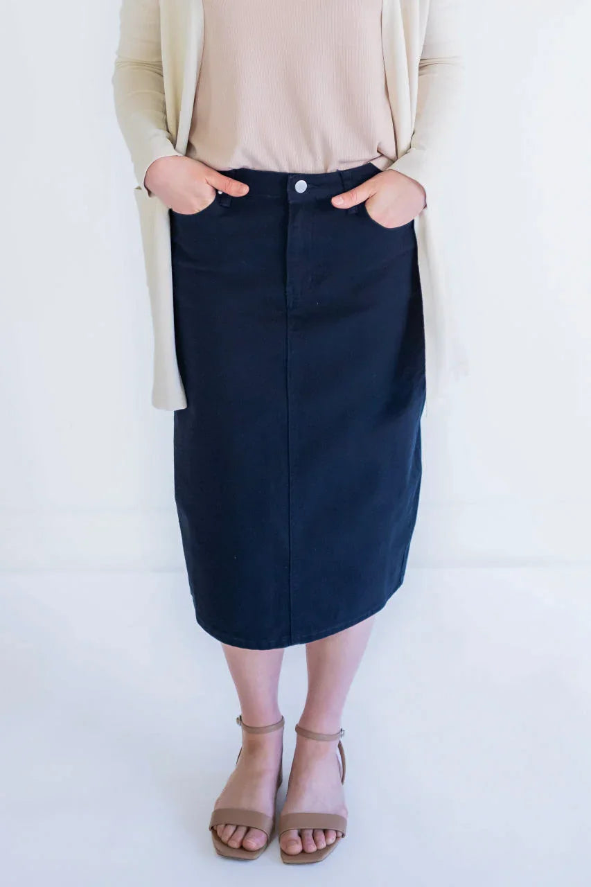 Blythe Midi Denim Skirt in Classic Navy - Blythe Midi Denim Skirt in Classic Navy - XS - Salt and Honey