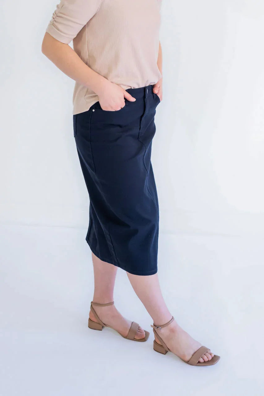 Blythe Midi Denim Skirt in Classic Navy - Blythe Midi Denim Skirt in Classic Navy - XS - Salt and Honey