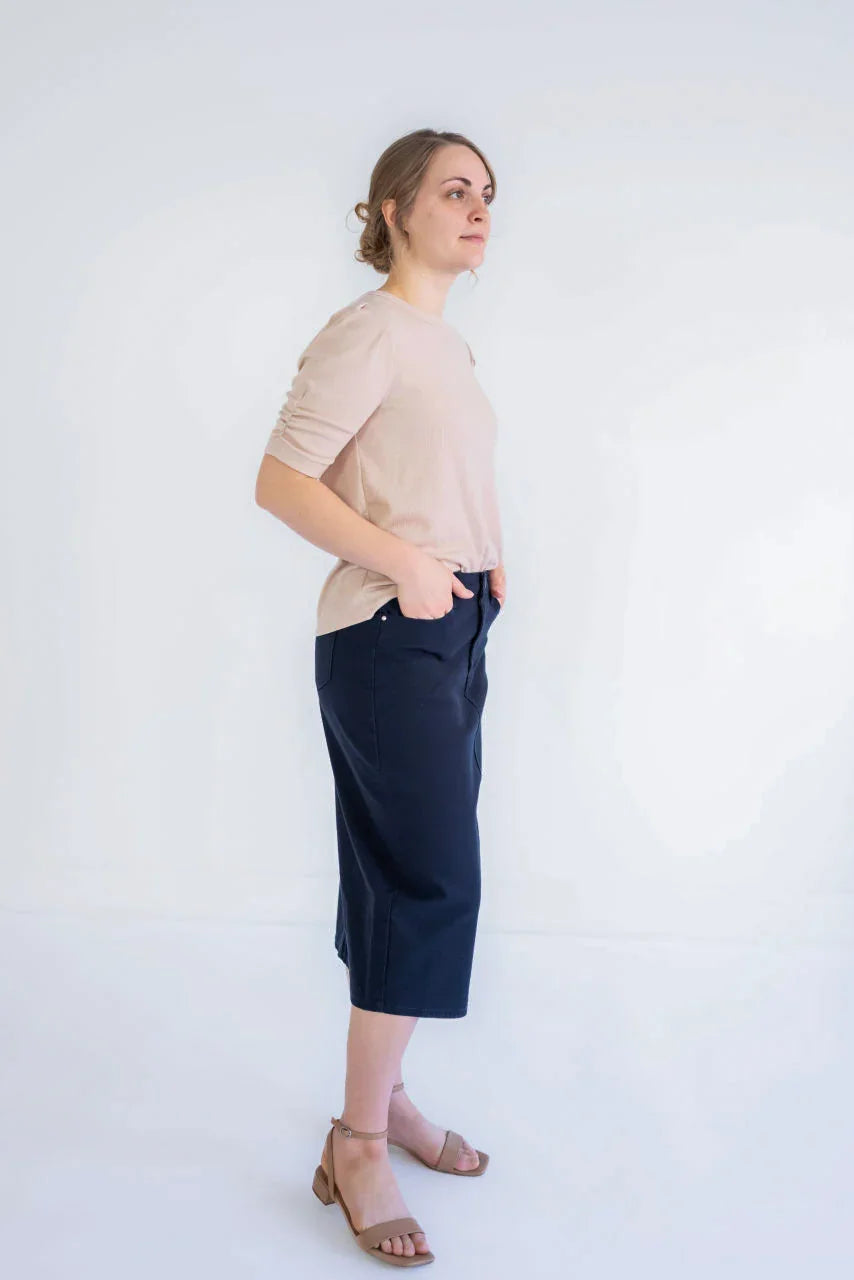 Blythe Midi Denim Skirt in Classic Navy - Blythe Midi Denim Skirt in Classic Navy - XS - Salt and Honey
