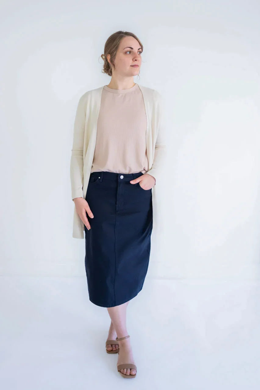 Blythe Midi Denim Skirt in Classic Navy - Blythe Midi Denim Skirt in Classic Navy - XS - Salt and Honey