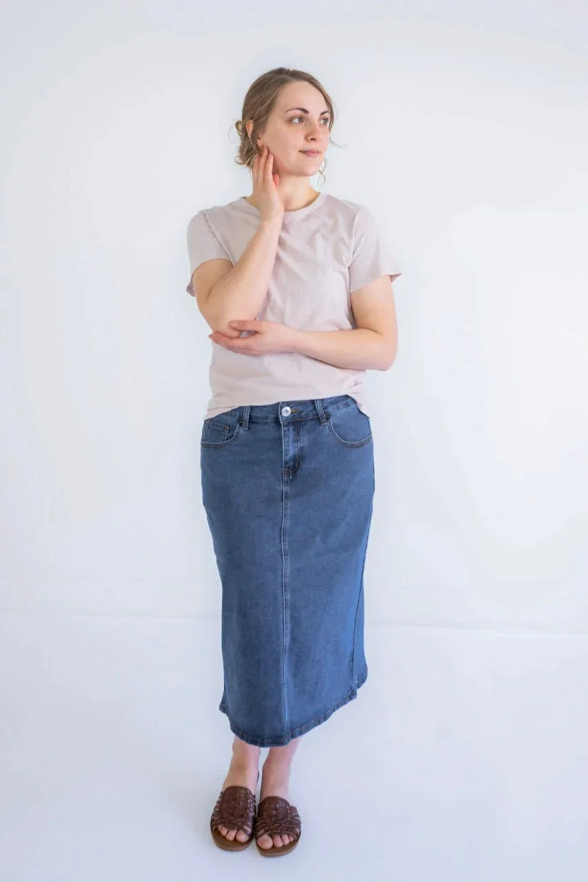 Kaya Midi Denim Skirt in Stone Wash - Kaya Midi Denim Skirt in Stone Wash - S - Salt and Honey