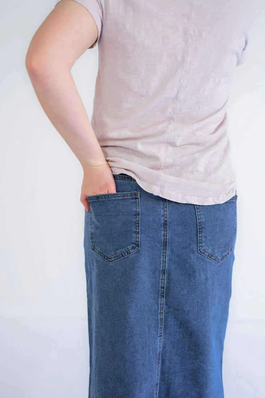Kaya Midi Denim Skirt in Stone Wash - Kaya Midi Denim Skirt in Stone Wash - S - Salt and Honey