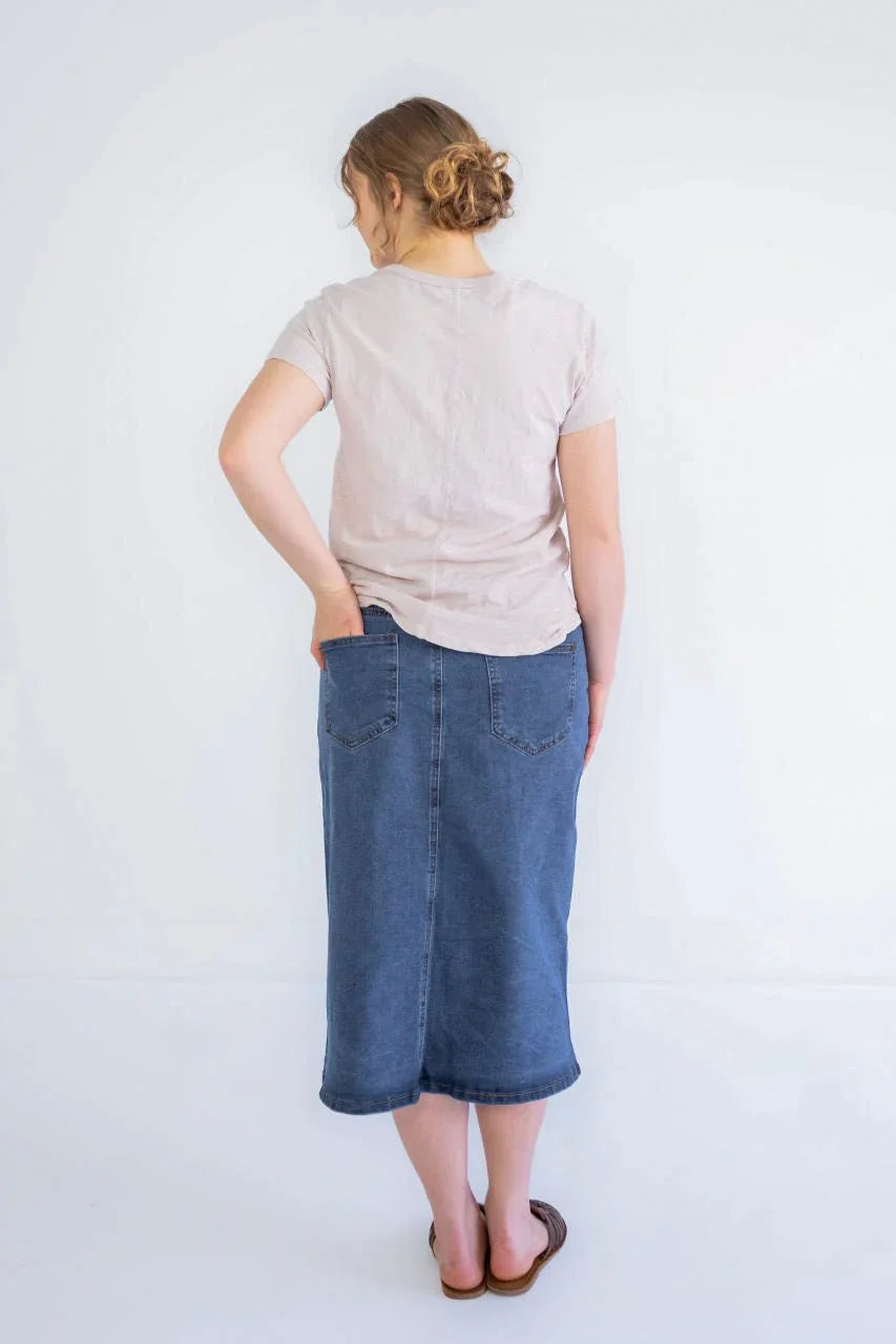 Kaya Midi Denim Skirt in Stone Wash - Kaya Midi Denim Skirt in Stone Wash - S - Salt and Honey