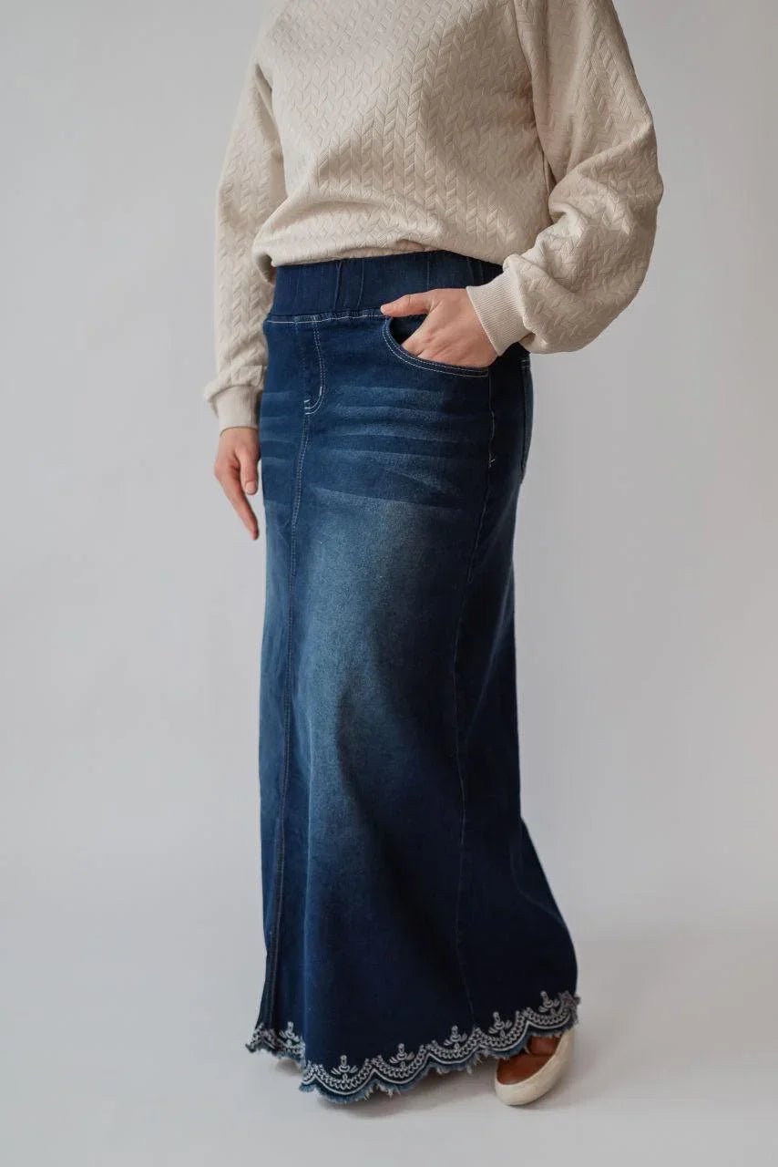 Kenzie Embroidered Dark Denim Skirt - Kenzie Embroidered Dark Denim Skirt - S - Salt and Honey