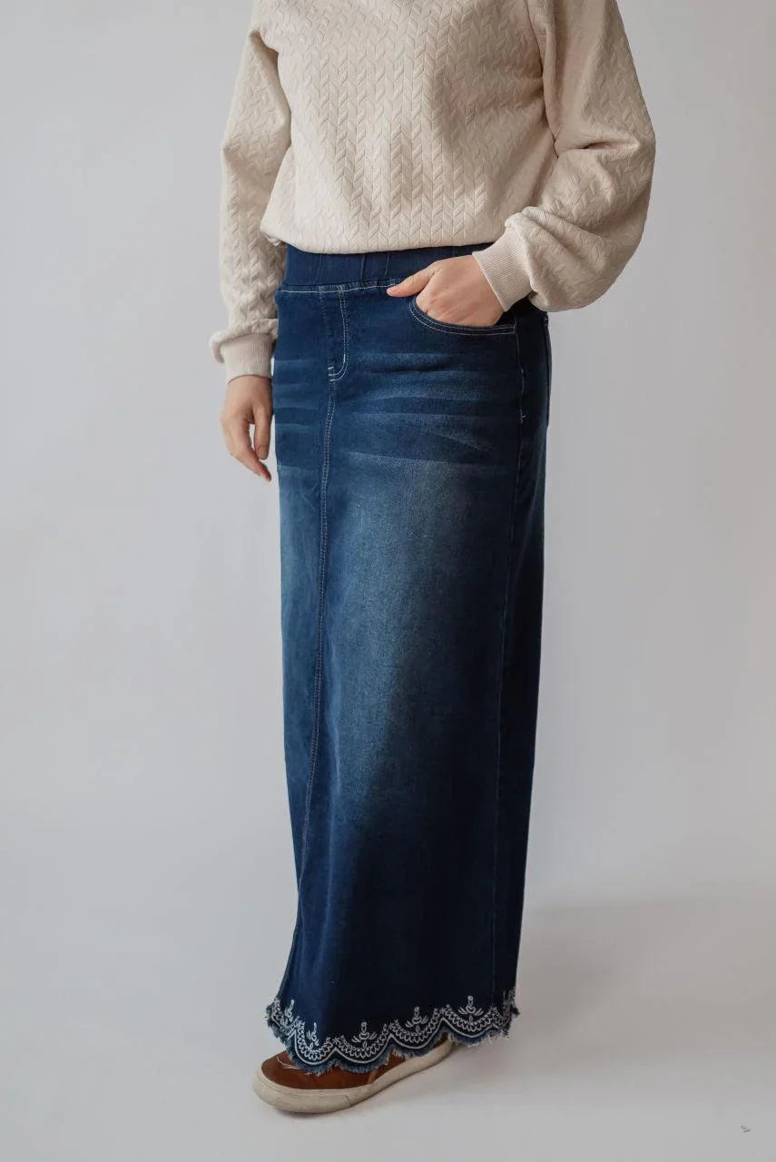 Kenzie Embroidered Dark Denim Skirt - Kenzie Embroidered Dark Denim Skirt - S - Salt and Honey