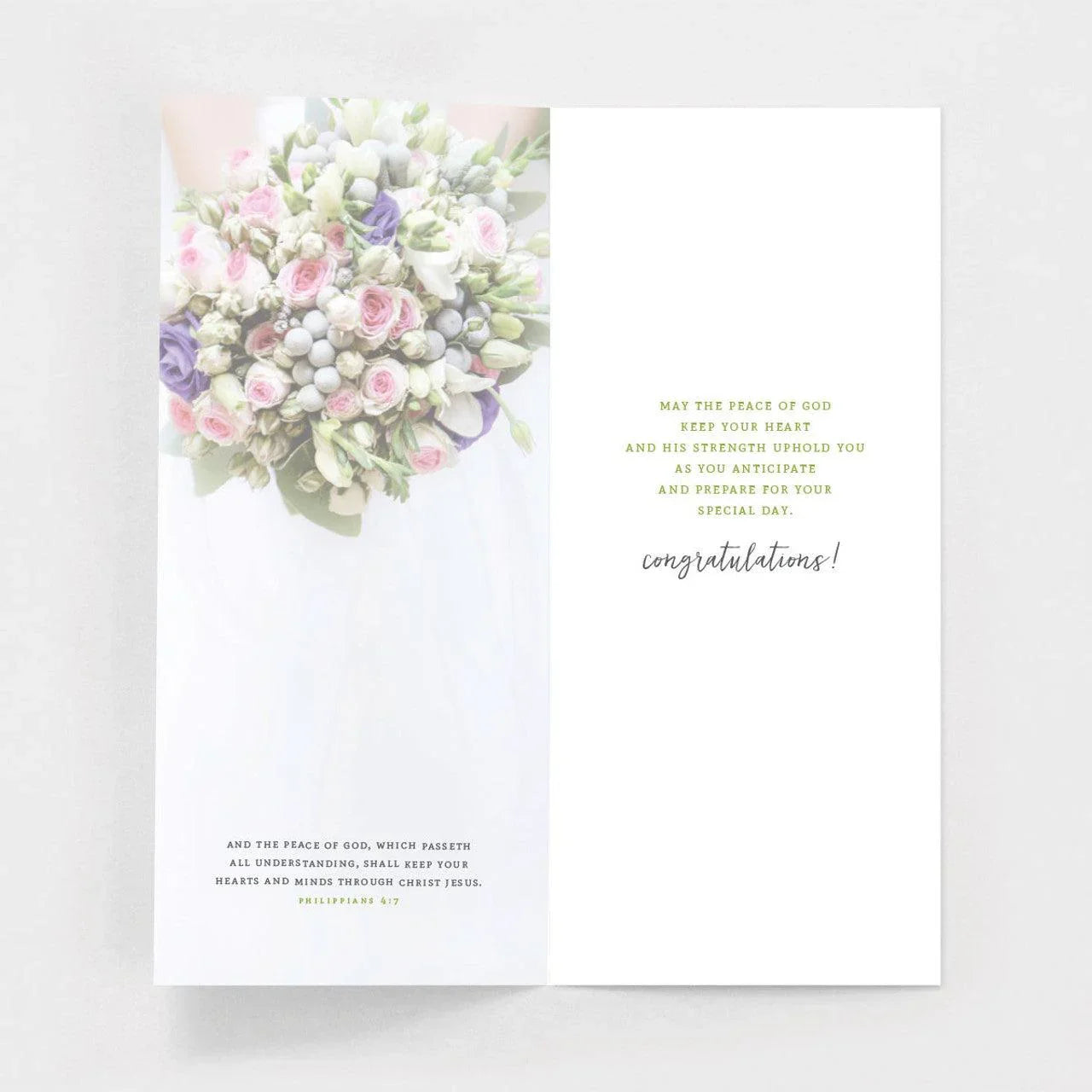 Bridal shower greeting card with pink and purple bouquet and congratulatory message