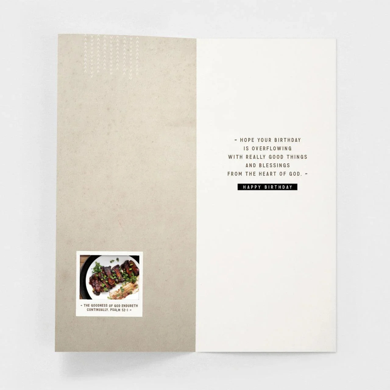 Open masculine birthday greeting card with heartfelt message and Psalm verse on neutral background