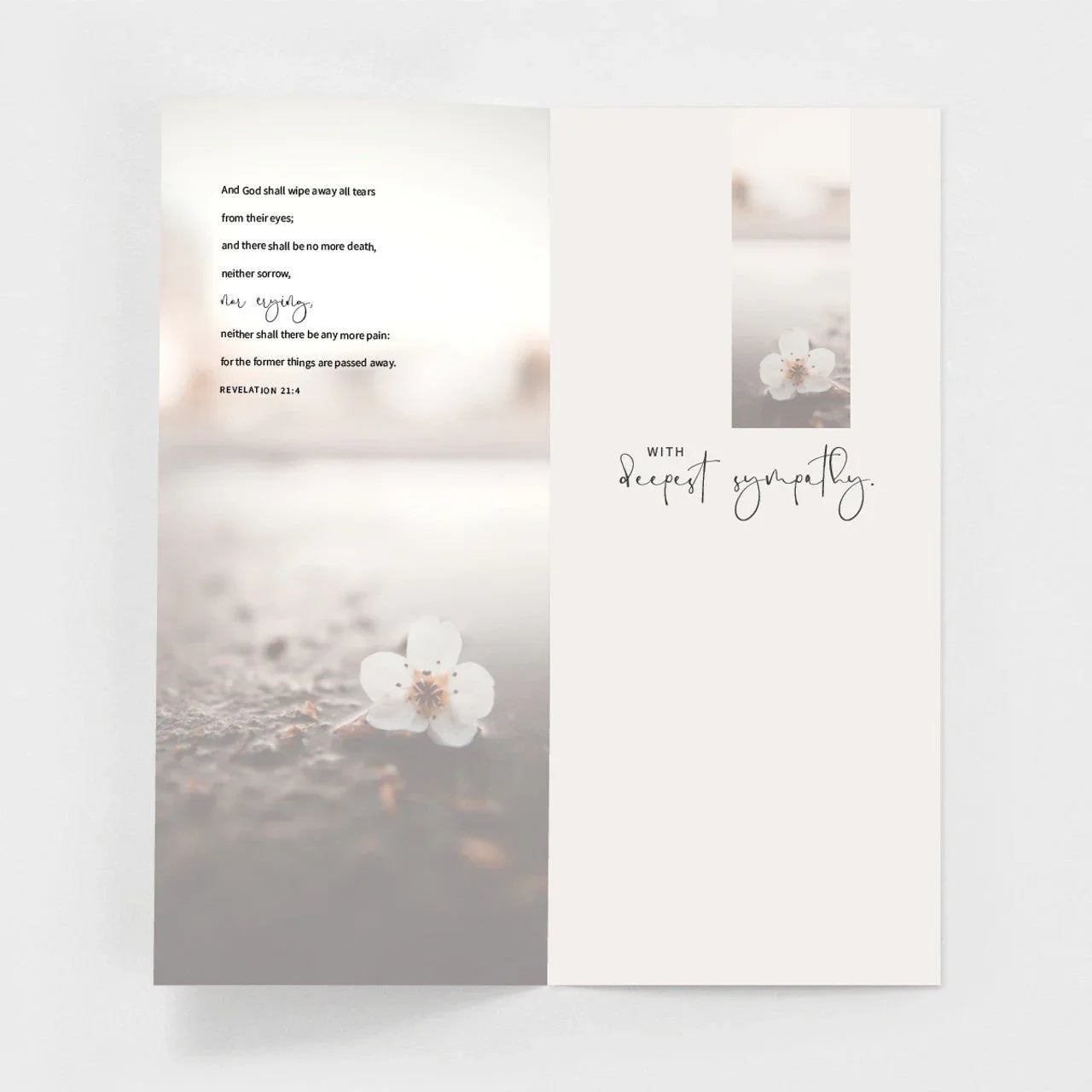 Open sympathy greeting card with delicate white flower on soft background, Salt and Honey boutique