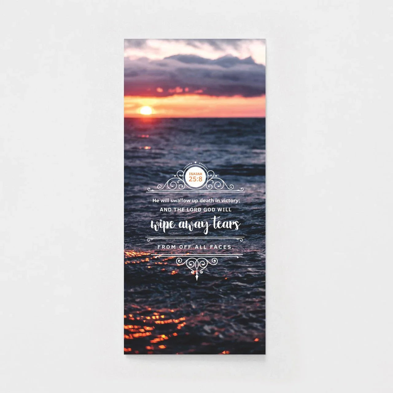 Inspirational greeting card with Isaiah 25:8 verse, ocean sunset background, Salt and Honey