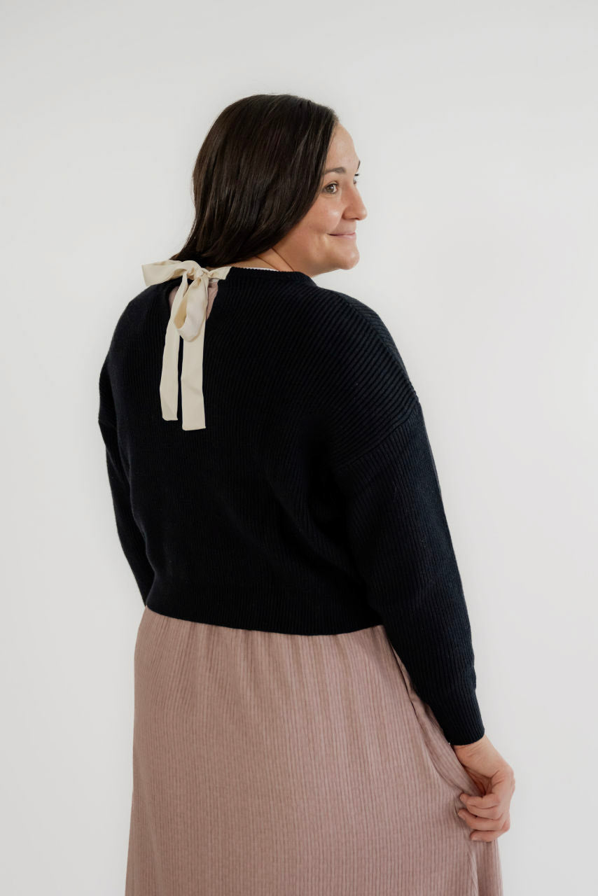 Darcy Satin Tie Sweater in Black