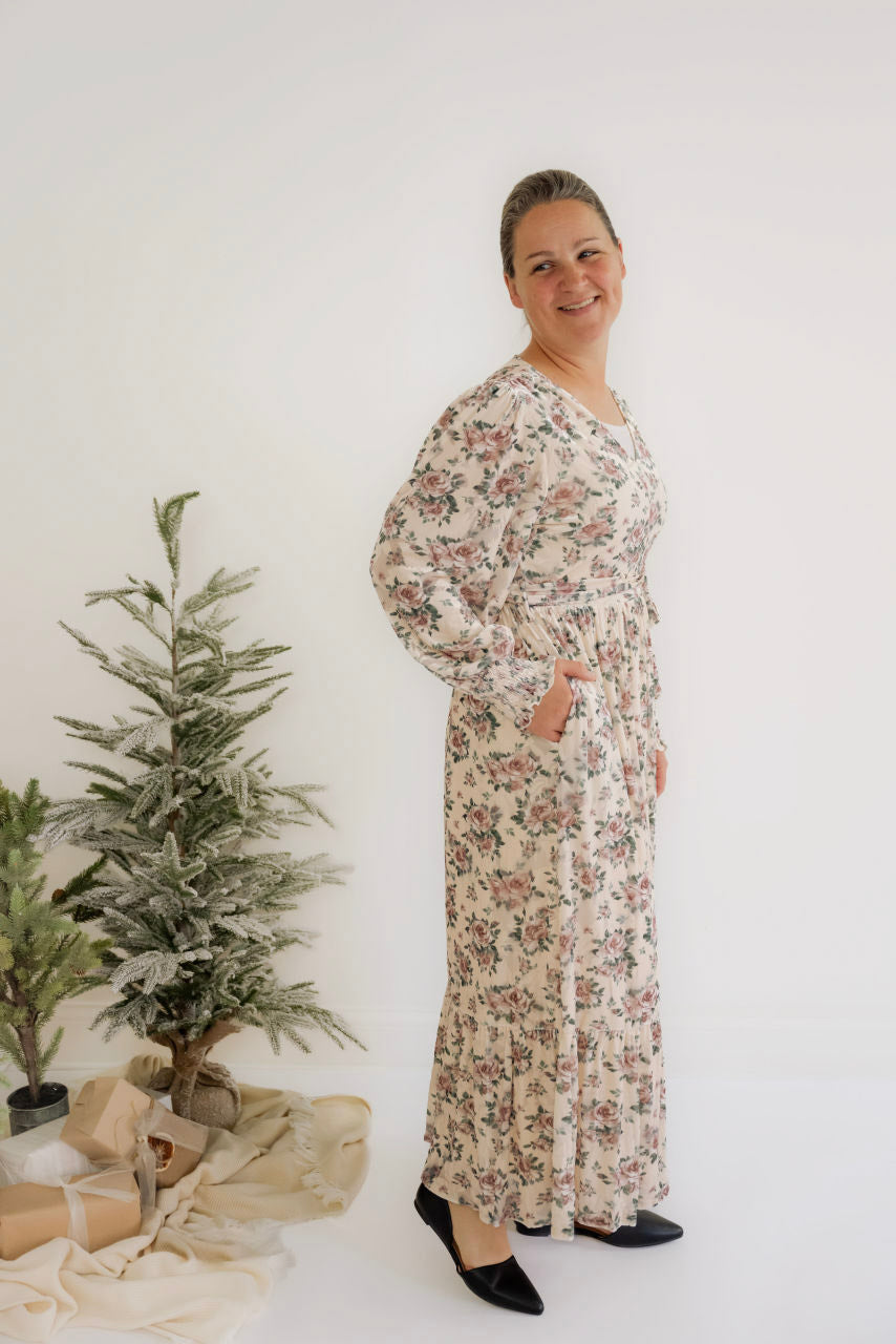 Estella Floral Velvet Dress in Cream - Estella Floral Velvet Dress in Cream - S - Salt and Honey