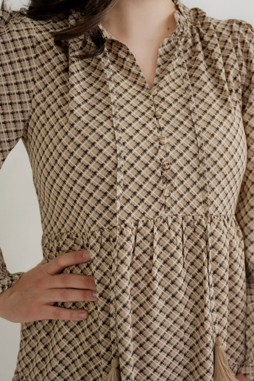 Hayes Plaid Maxi Dress in Taupe