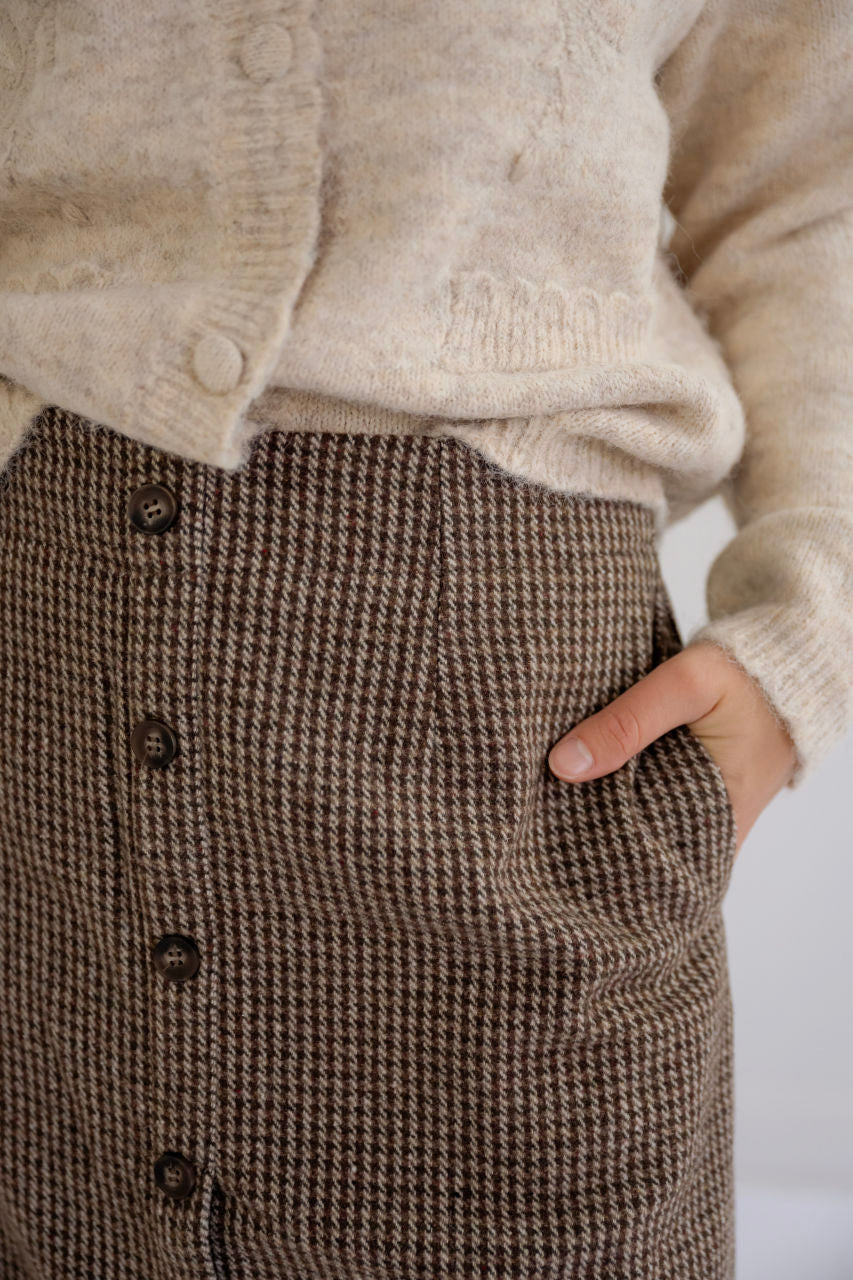 Fynn Houndstooth Midi Skirt in Mocha - Fynn Houndstooth Midi Skirt in Mocha - S - Salt and Honey