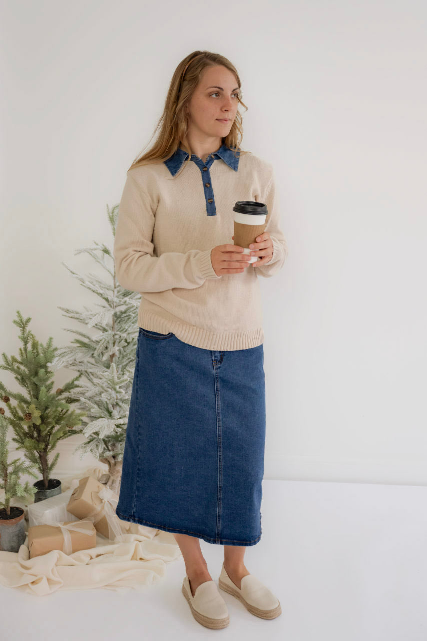 Kaya Midi Denim Skirt in Stone Wash