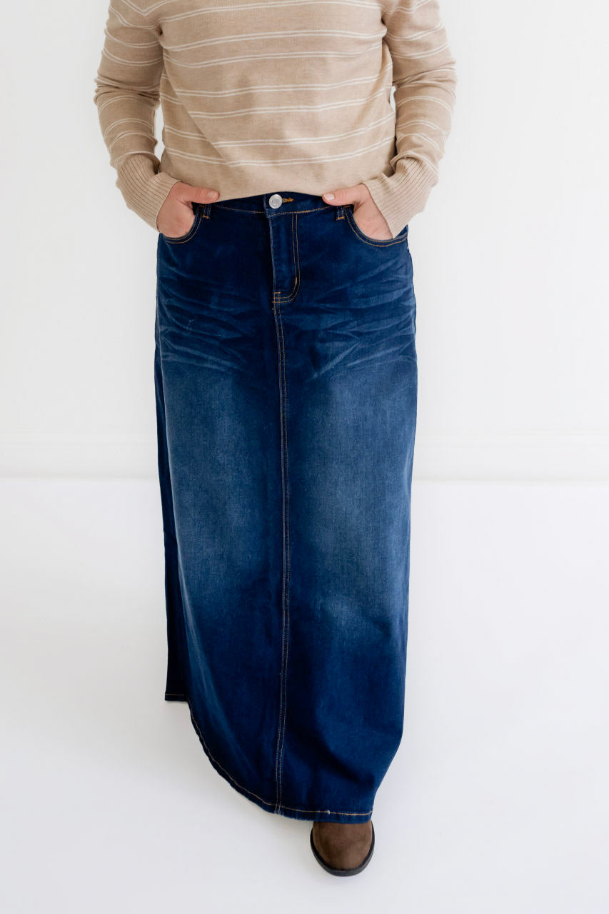Londyn Denim Maxi Skirt in Dark Wash