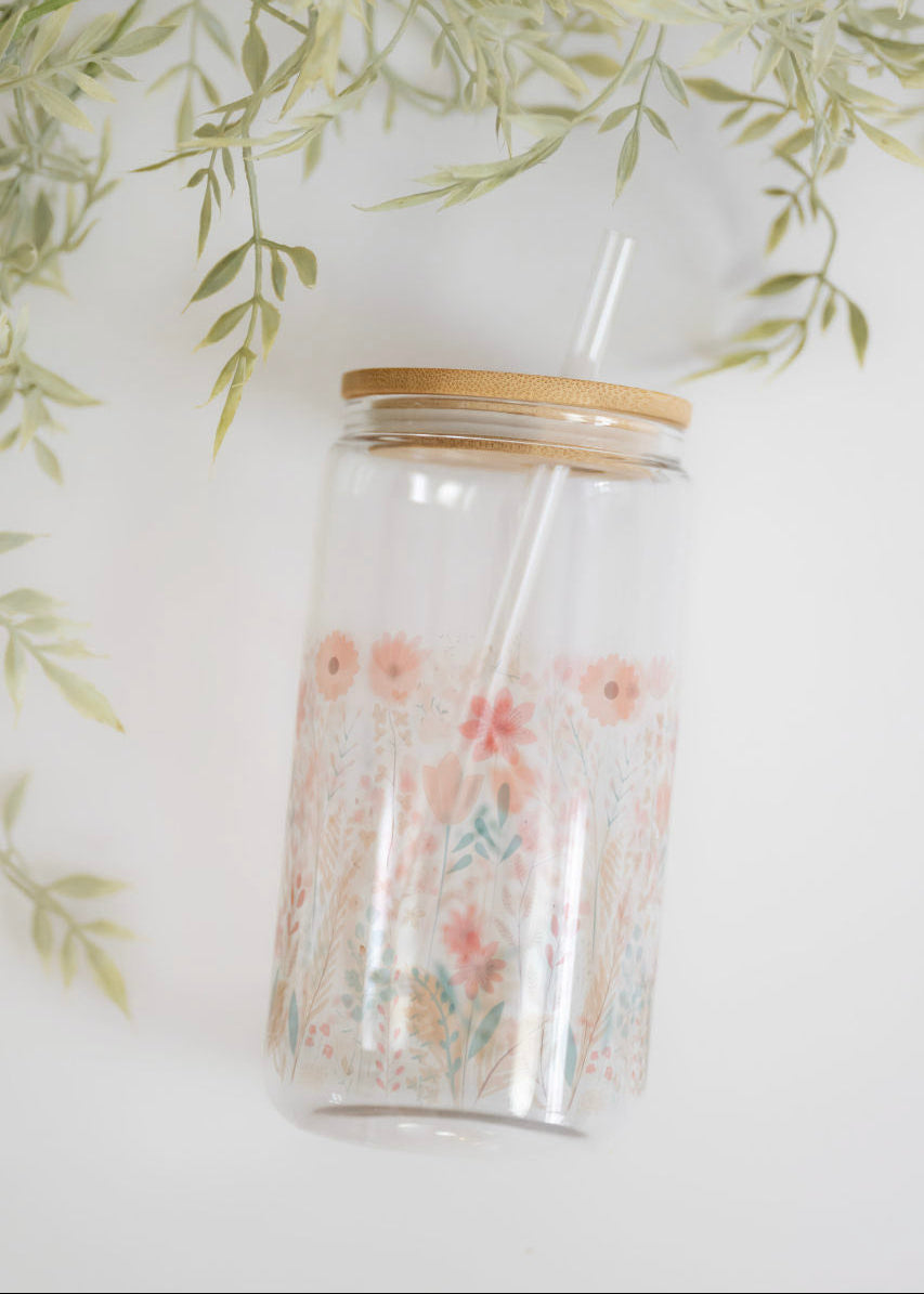 Spring Wildflowers Glass Cup with Bamboo Lid