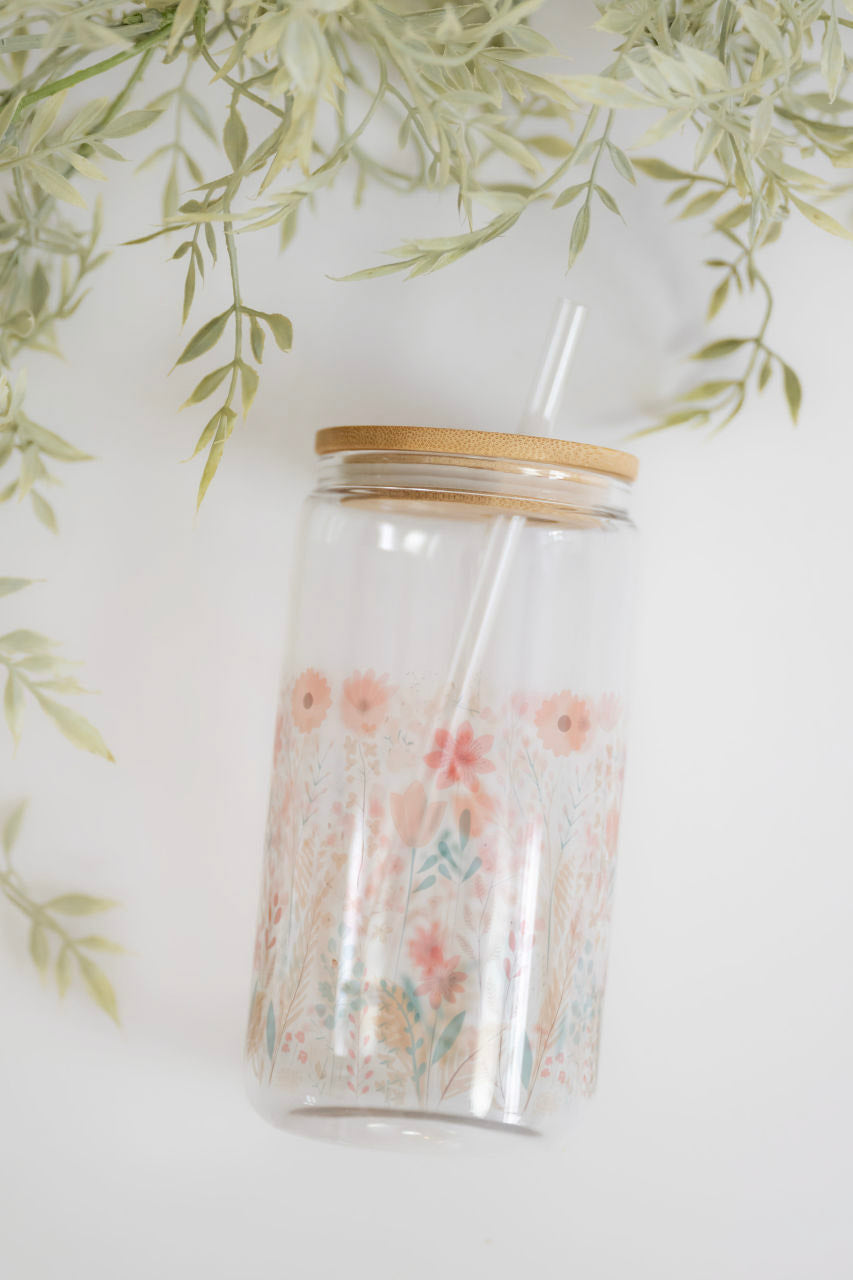 Spring Wildflowers Glass Cup with Bamboo Lid