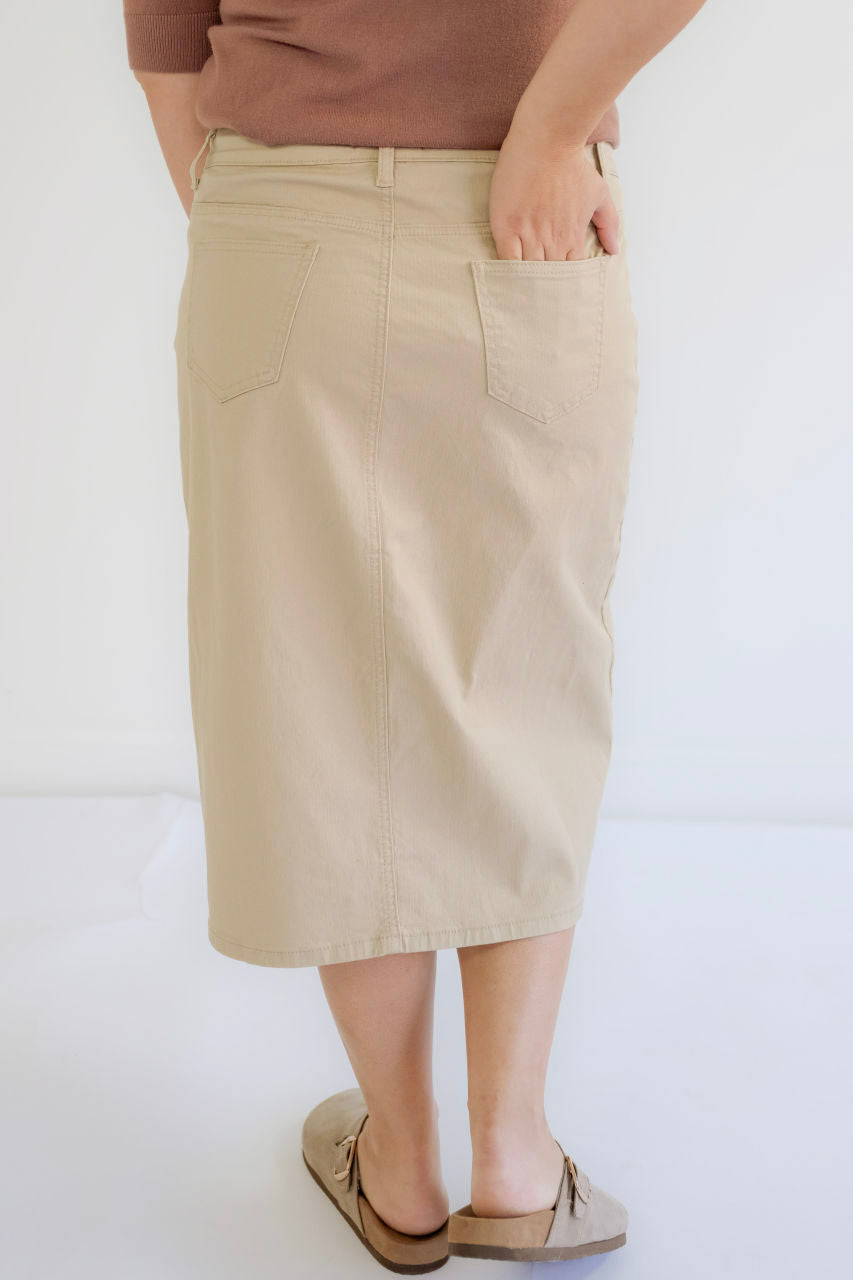 Blythe Midi Denim Skirt in Light Khaki - Blythe Midi Denim Skirt in Light Khaki - XS - Salt and Honey