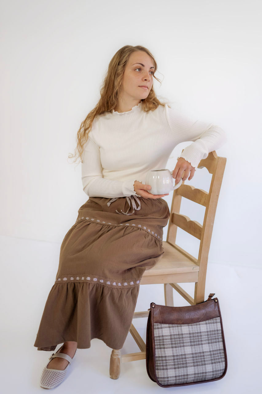 Kendall Gingham Detail Cotton Skirt in Mocha - FINAL SALE - Kendall Gingham Detail Cotton Skirt in Mocha - FINAL SALE - S - Salt and Honey