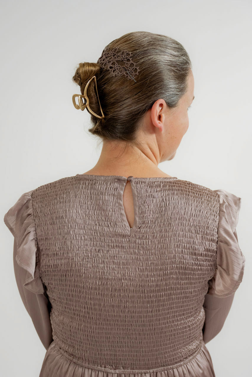 Charlotte Smocked Satin Dress in Mauve - Charlotte Smocked Satin Dress in Mauve - S - Salt and Honey