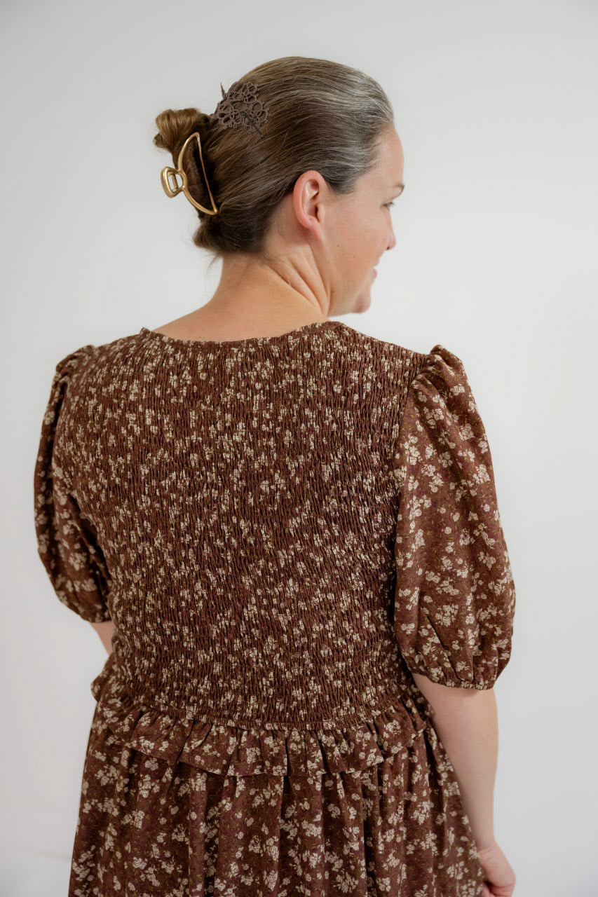 Teagan Smocked Floral Dress in Cinnamon - Teagan Smocked Floral Dress in Cinnamon - S - Salt and Honey