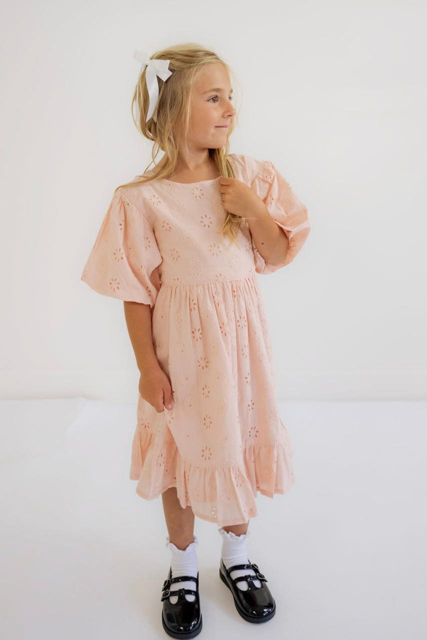 Eleanor Pink Eyelet Puff Sleeve Dress - Final Sale - Eleanor Pink Eyelet Puff Sleeve Dress - Final Sale - 12-18 months - Salt and Honey