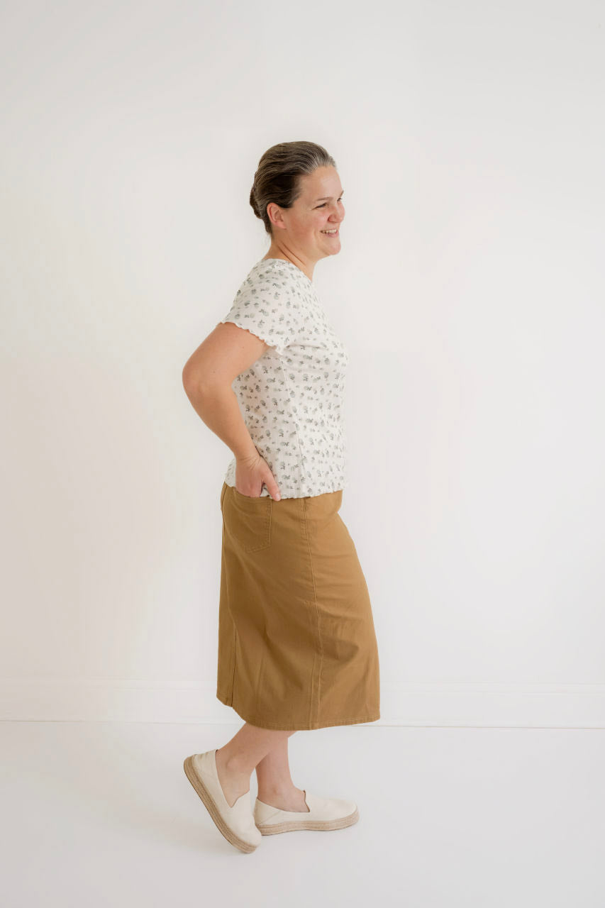 Eliza Midi Skirt in Khaki Denim - Womens - Bottoms - Skirts