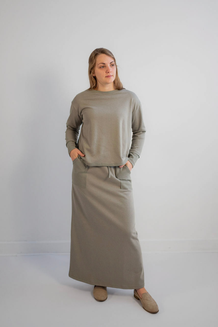 Ivy French Terry Maxi Skirt in Sage Green