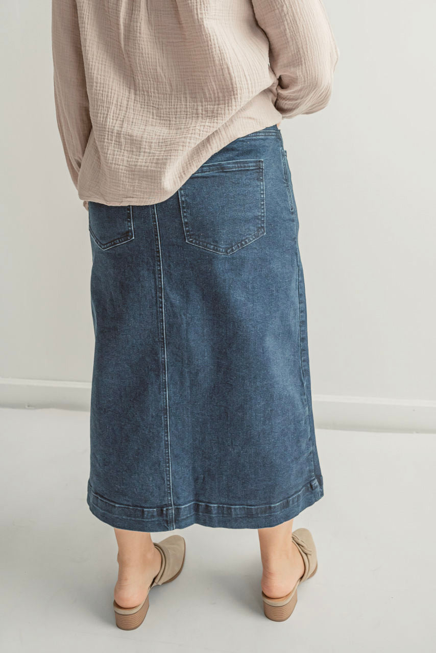 Margaret Denim Midi Skirt in Dark Wash