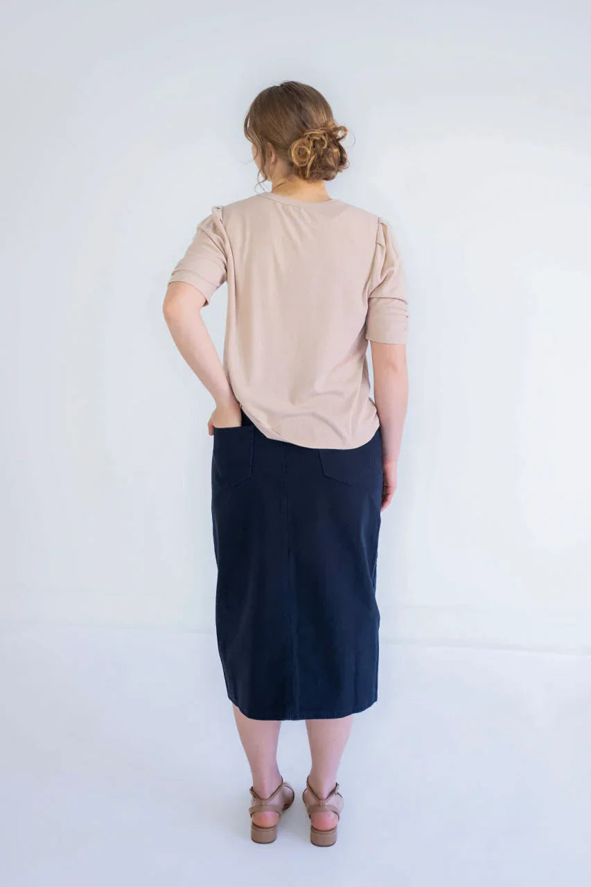 Blythe Midi Denim Skirt in Classic Navy - Blythe Midi Denim Skirt in Classic Navy - XS - Salt and Honey