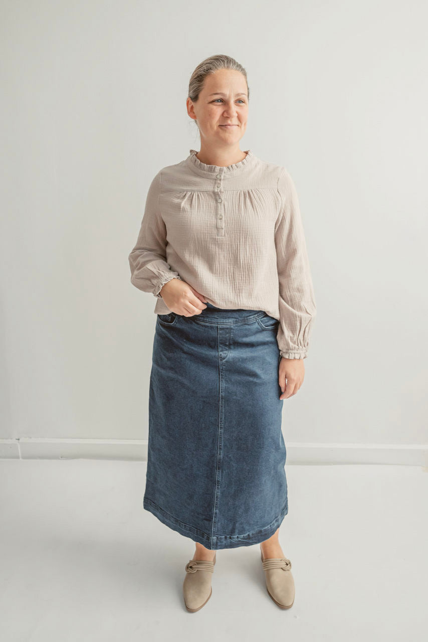 Margaret Denim Midi Skirt in Dark Wash