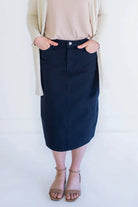 Blythe Midi Denim Skirt in Classic Navy - Blythe Midi Denim Skirt in Classic Navy - XS - Salt and Honey