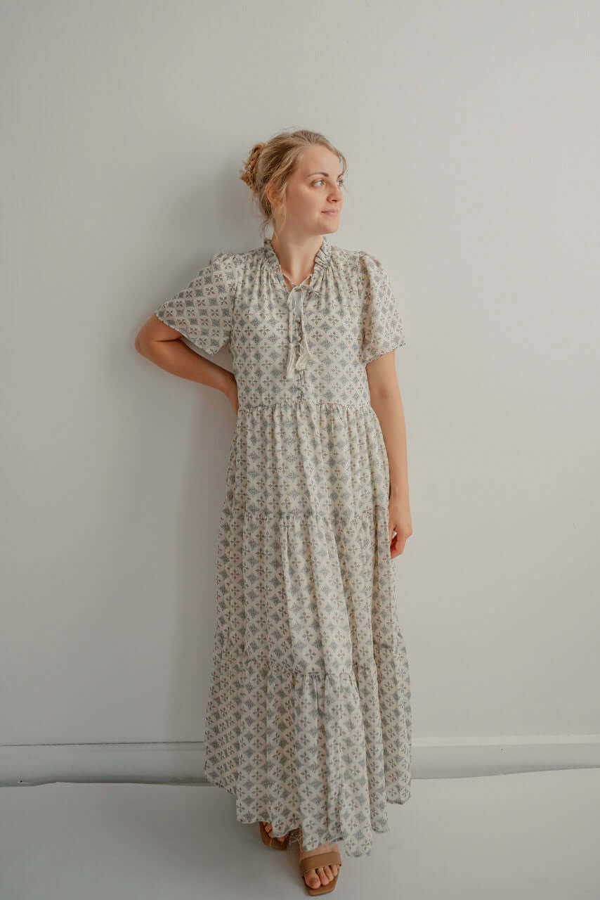 Charleston Maxi Print Dress in Cream