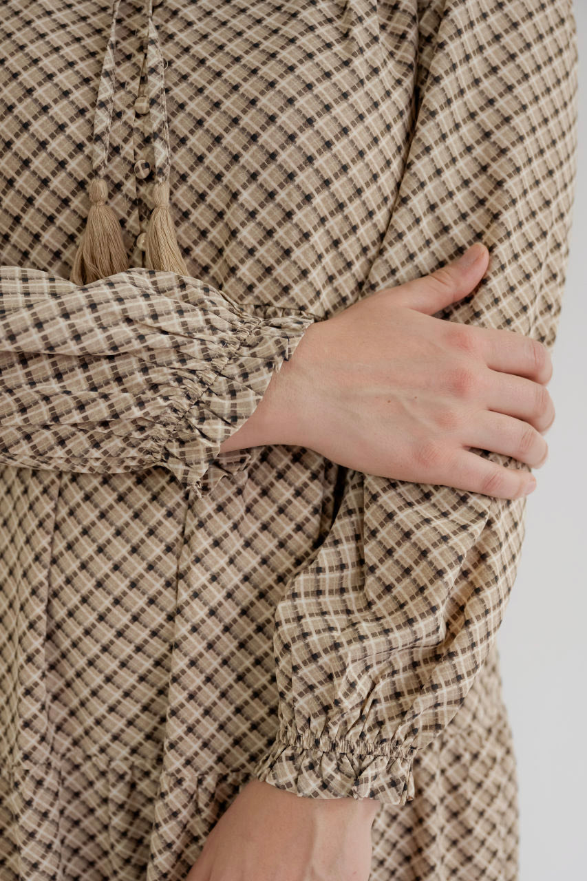 Hayes Plaid Maxi Dress in Taupe