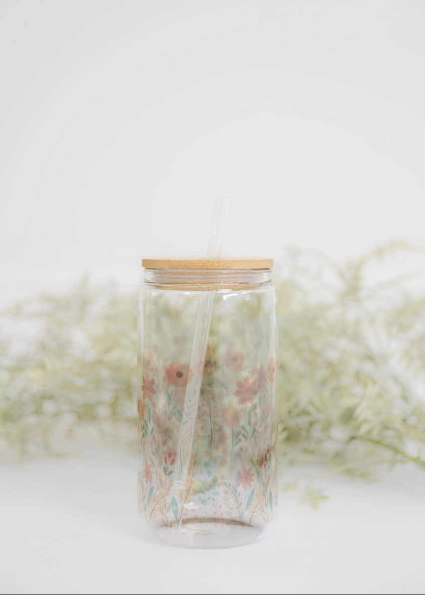 Spring Wildflowers Glass Cup with Bamboo Lid