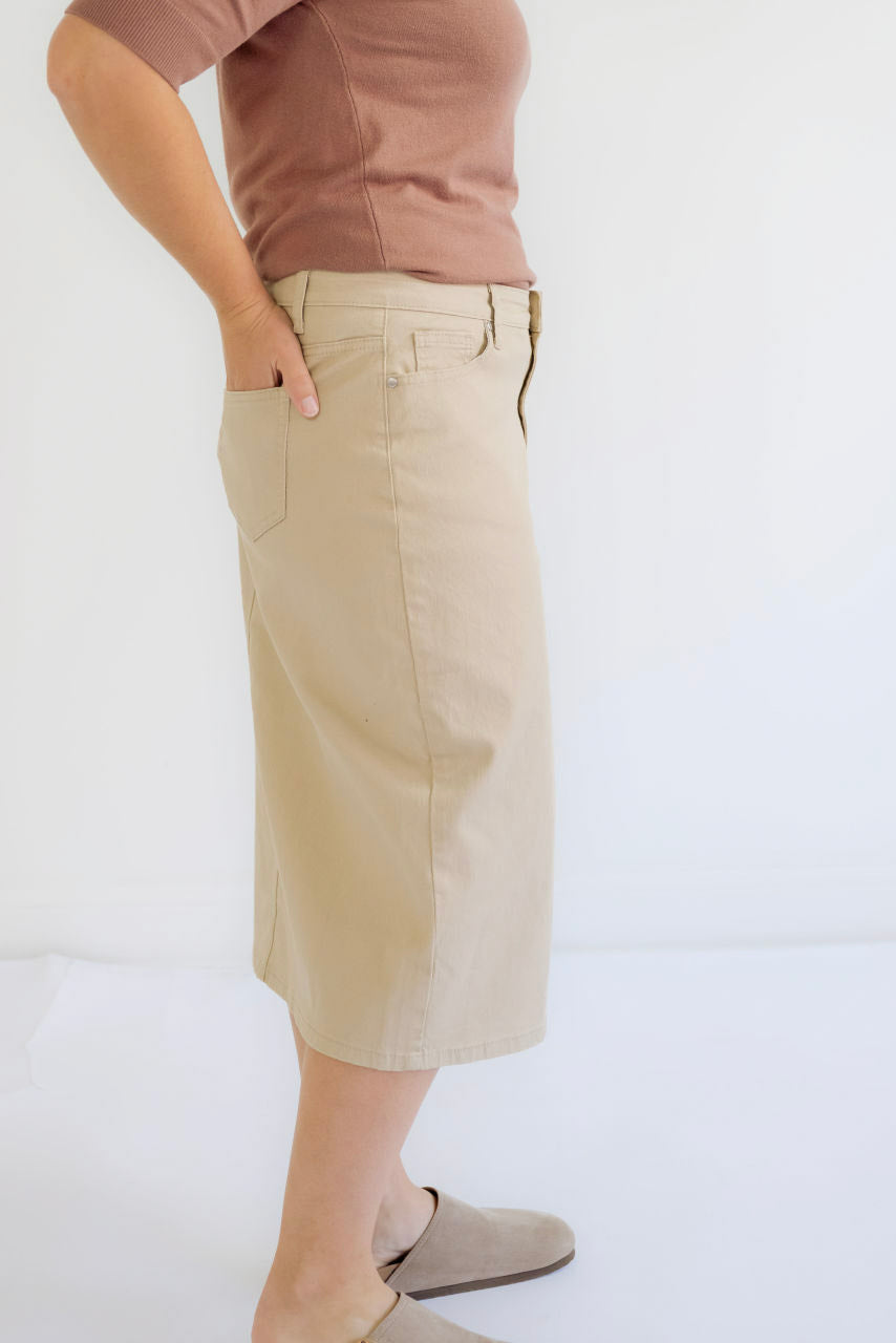 Blythe Midi Denim Skirt in Light Khaki - Blythe Midi Denim Skirt in Light Khaki - XS - Salt and Honey