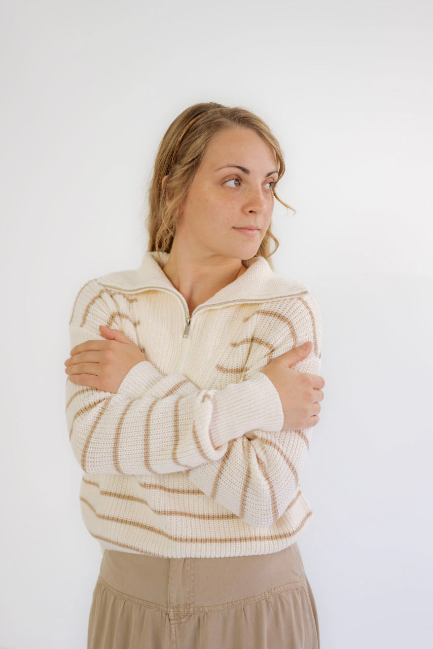 Nola Half Zip Striped Jacket in Taupe - Nola Half Zip Striped Jacket in Taupe - S - Salt and Honey