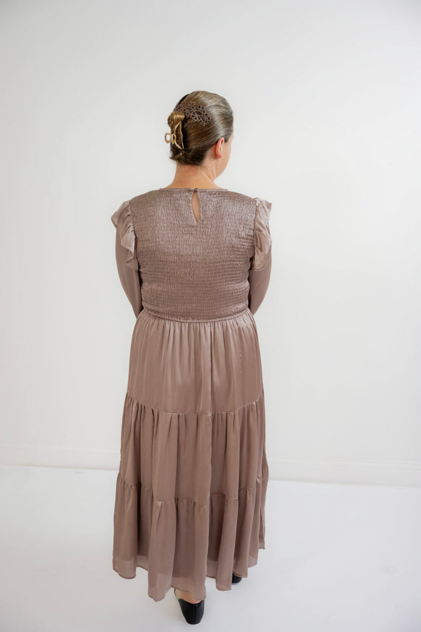 Charlotte Smocked Satin Dress in Mauve - Charlotte Smocked Satin Dress in Mauve - S - Salt and Honey