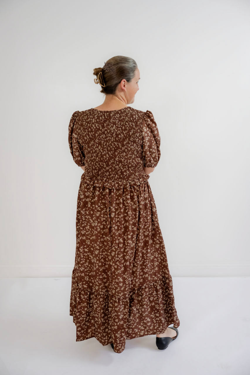 Teagan Smocked Floral Dress in Cinnamon - Teagan Smocked Floral Dress in Cinnamon - S - Salt and Honey