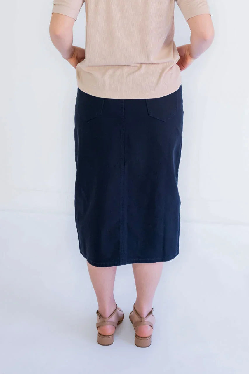 Blythe Midi Denim Skirt in Classic Navy - Blythe Midi Denim Skirt in Classic Navy - XS - Salt and Honey