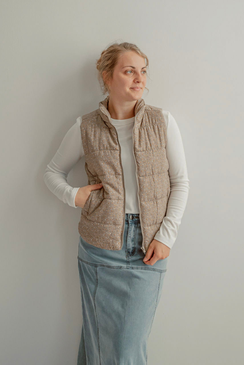 Helena Floral Puffer Vest in Taupe