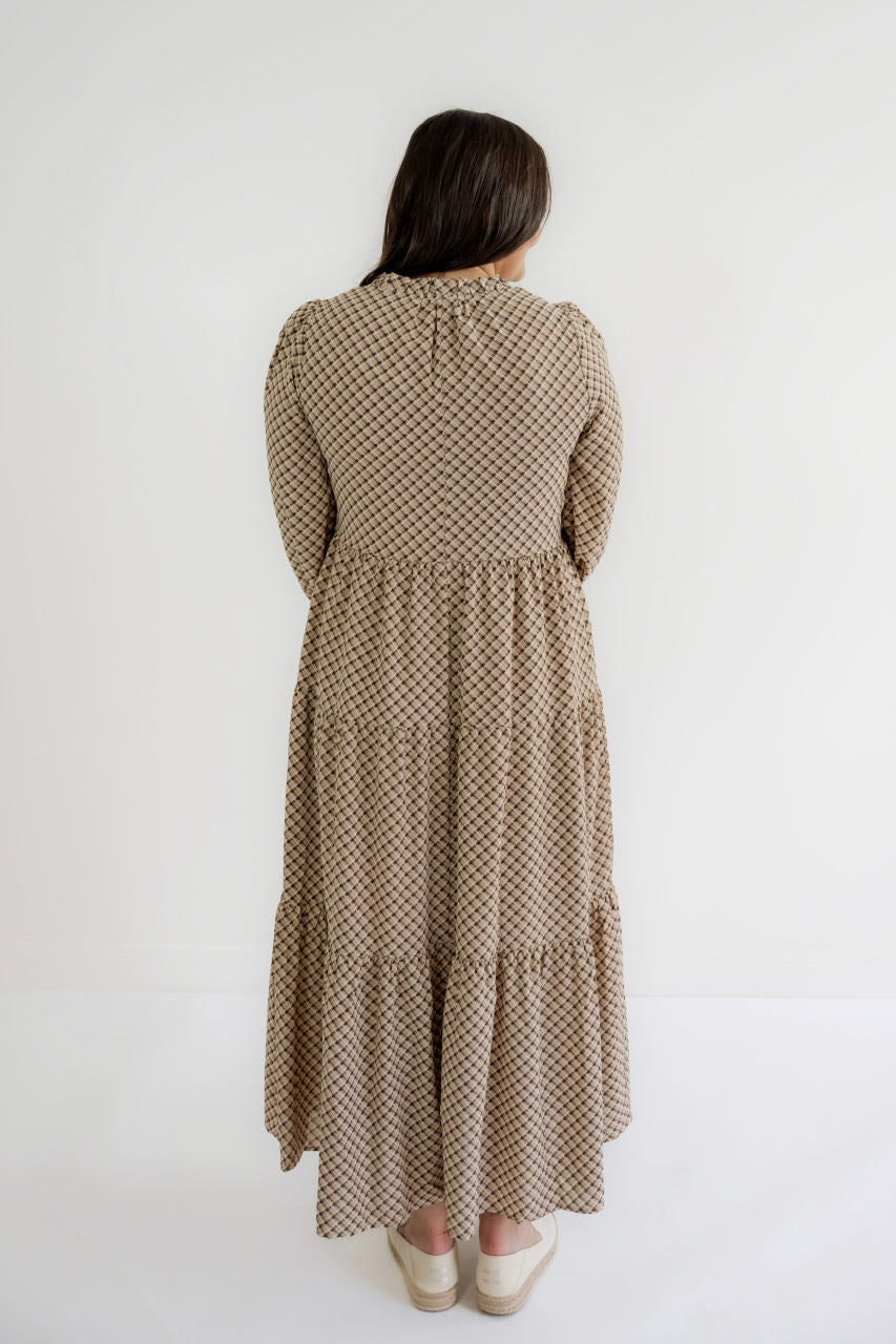 Hayes Plaid Maxi Dress in Taupe