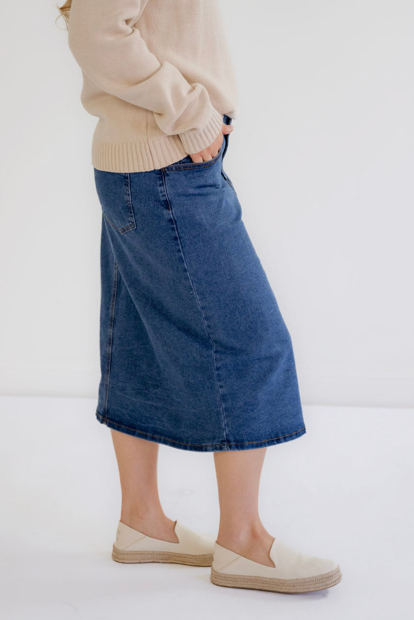 Kaya Midi Denim Skirt in Stone Wash