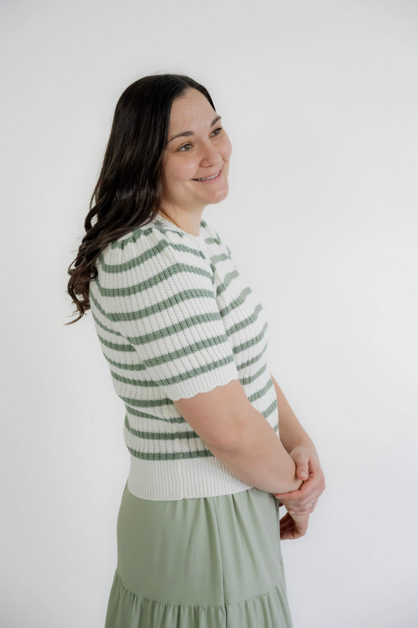 Weslyn Scallop Knit Top in Sage Stripes