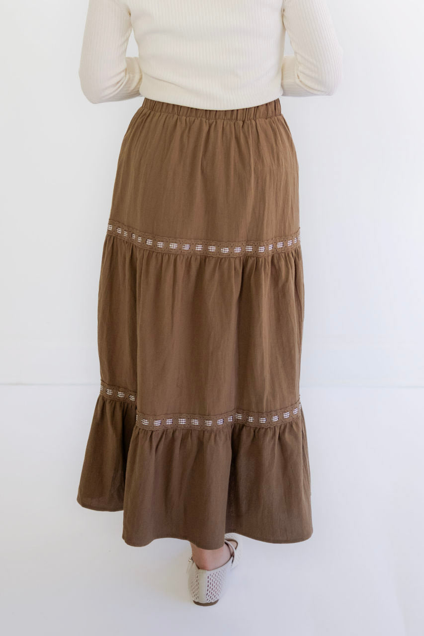 Kendall Gingham Detail Cotton Skirt in Mocha - FINAL SALE - Kendall Gingham Detail Cotton Skirt in Mocha - FINAL SALE - S - Salt and Honey