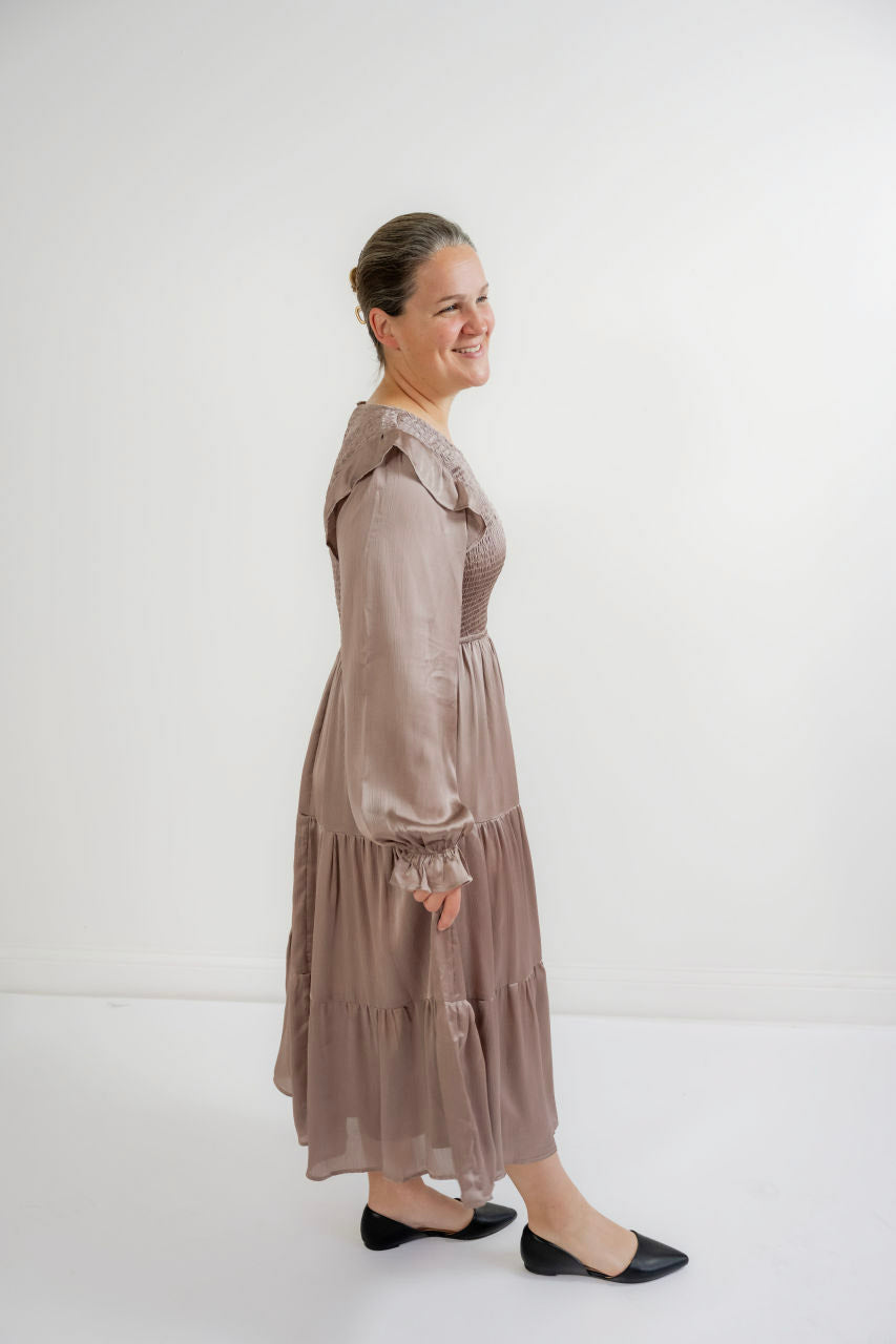 Charlotte Smocked Satin Dress in Mauve - Charlotte Smocked Satin Dress in Mauve - S - Salt and Honey