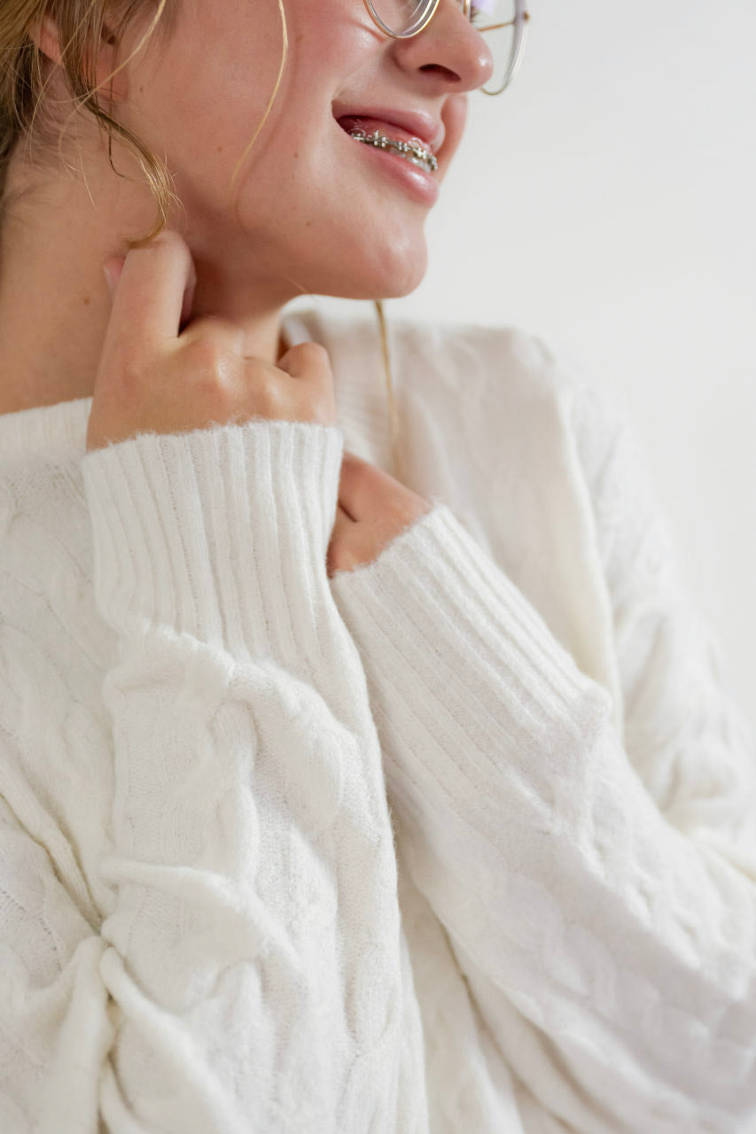 Kasey Cable Knit Sweater in Cream - Kasey Cable Knit Sweater in Cream - S - Salt and Honey