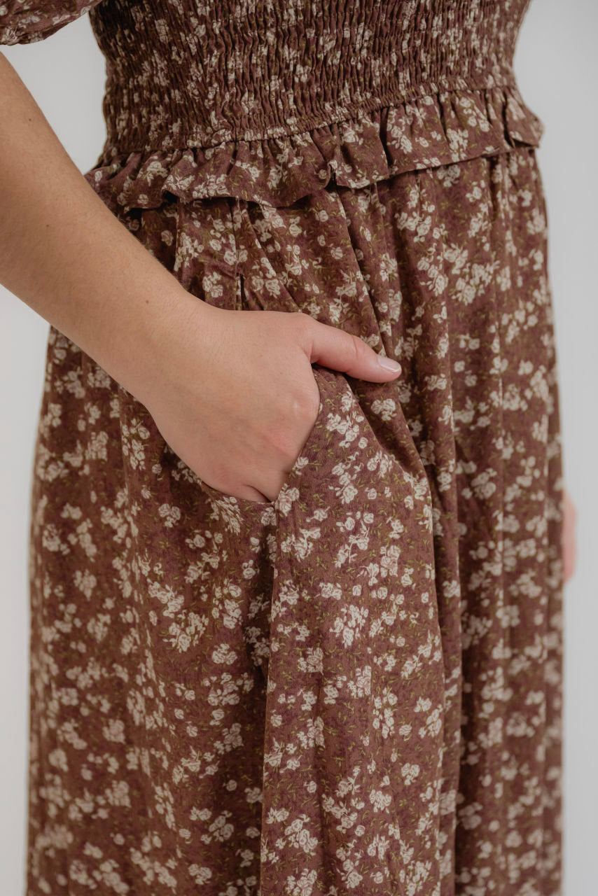 Teagan Smocked Floral Dress in Cinnamon - Teagan Smocked Floral Dress in Cinnamon - S - Salt and Honey