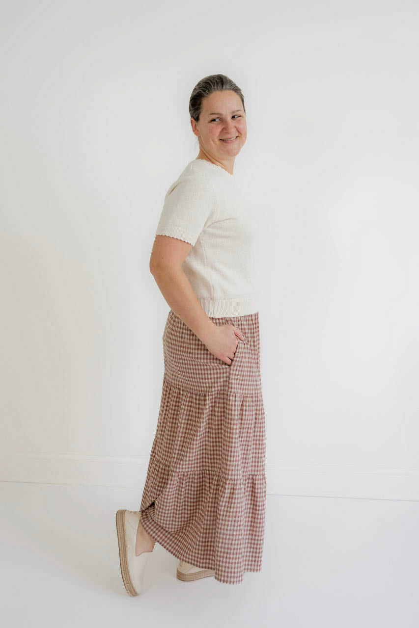 Valerie Tiered Gingham Skirt in Dusty Rose