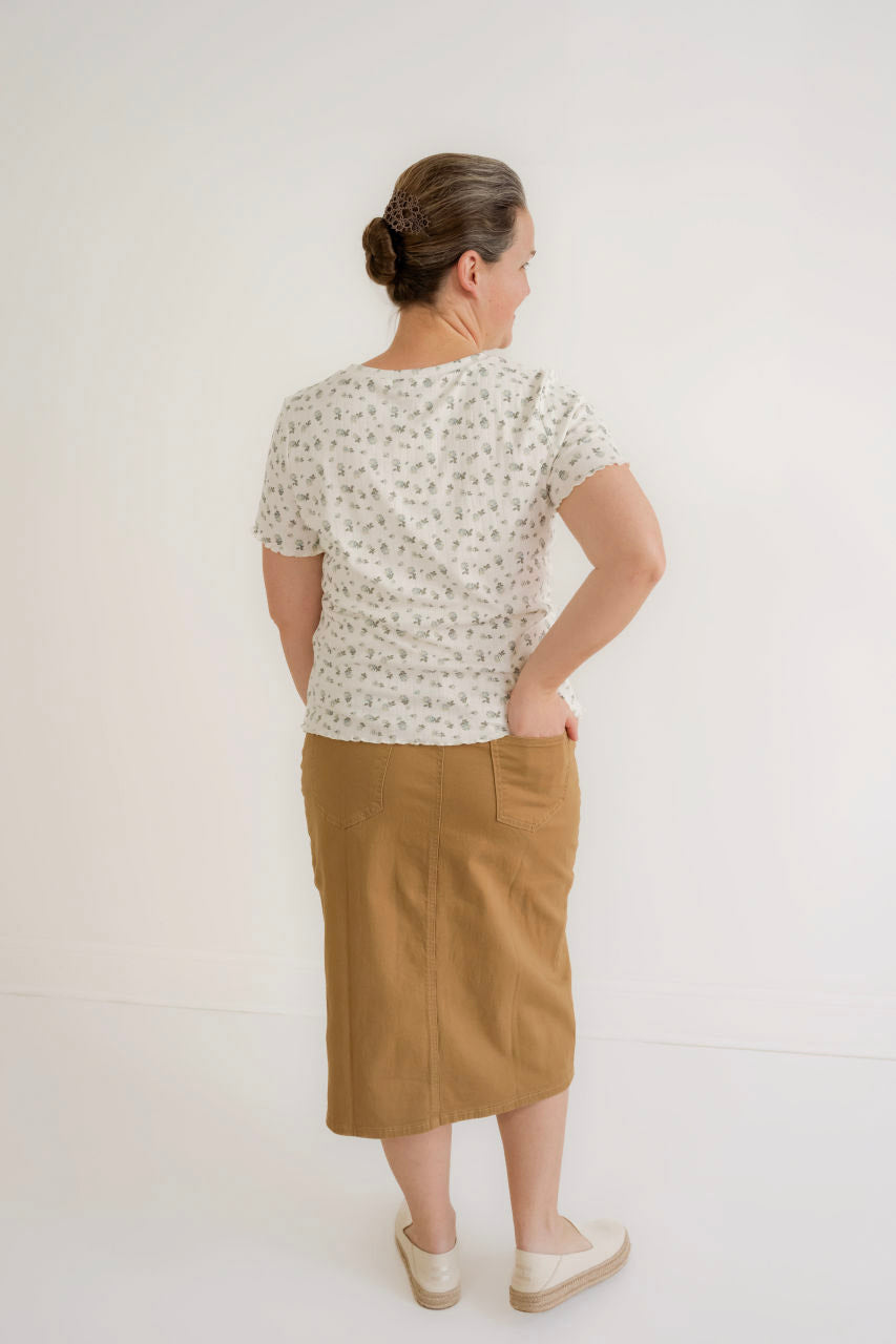 Eliza Midi Skirt in Khaki Denim — Salt and Honey